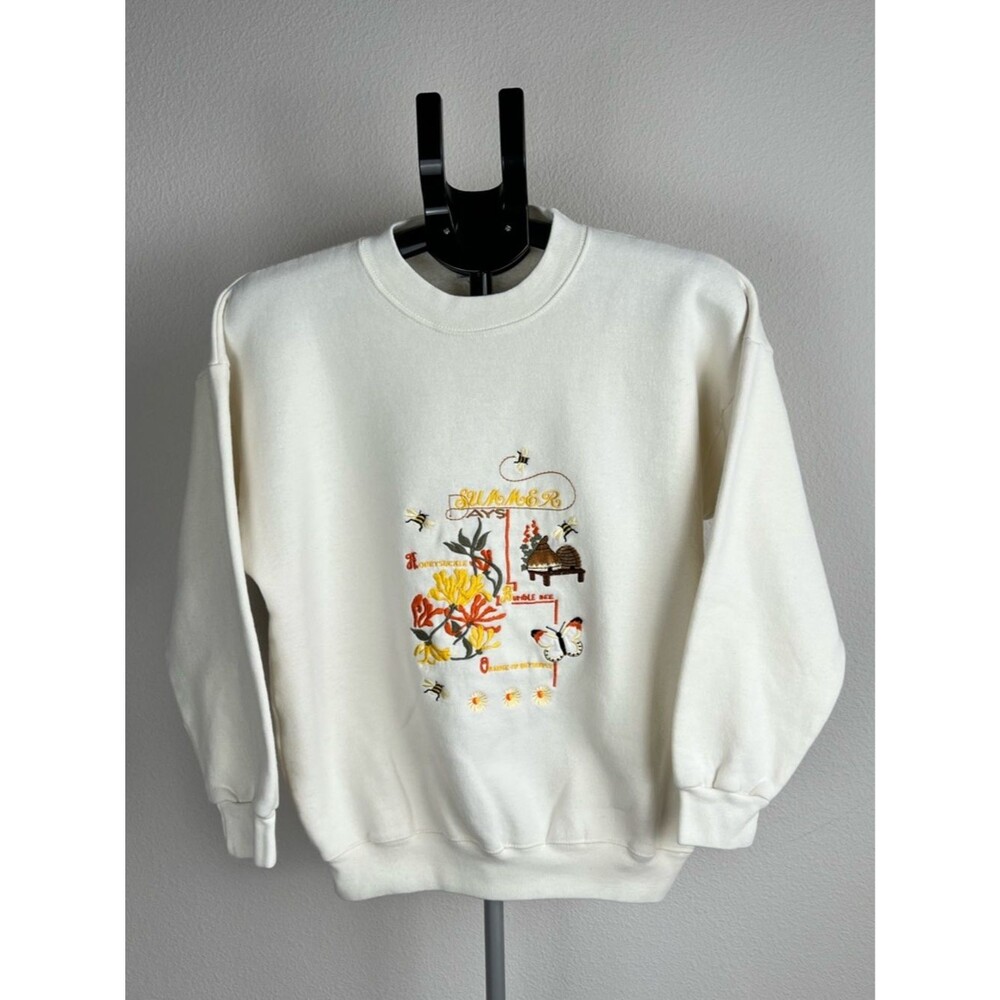 Vtg Acorn Leisure Sweatshirt Made in England Embroidered Cottagecore Cream S/M